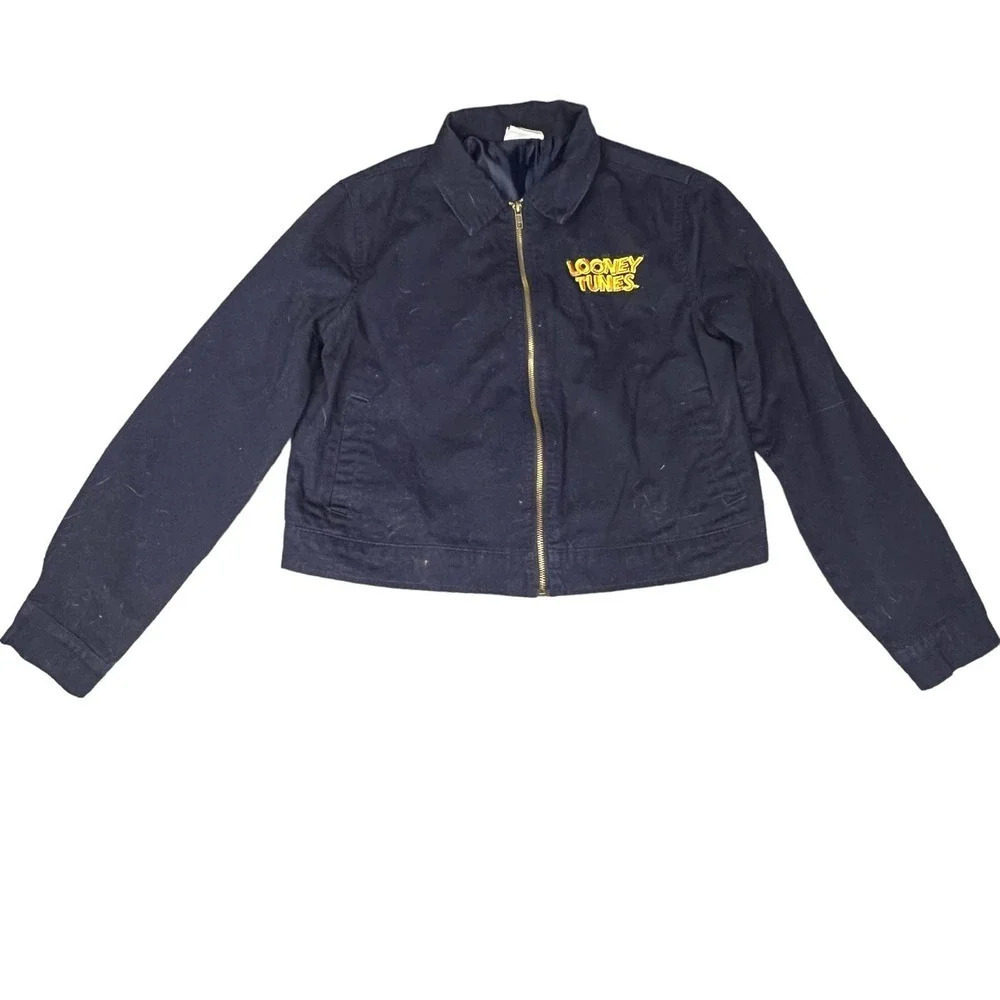 Vintage Looney Tunes Women's Medium "That's All Folks" Black‎ Bomber Jean Jacket